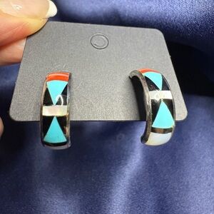 Earrings Zuni Native American Signed Inlaid Gemstone Post Hoops